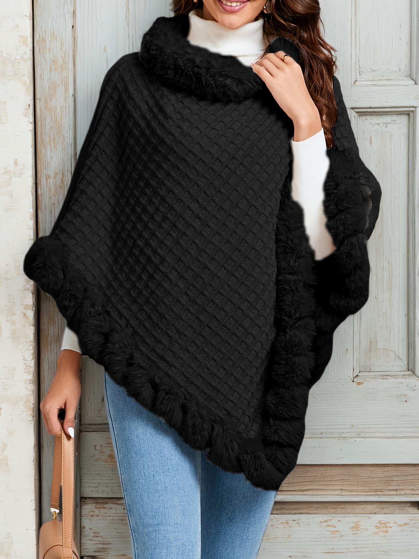 Pure Body" Elegant Special Edition Women's Solid Color Waffle Pullover, 100% Polyester with Faux Fur Collar Splice, Stylish and Warm Sweater for Autumn/Winter, Suitable for Outdoors, Office & Home Wear, Hand Washable, Gift Id - Lencensa 