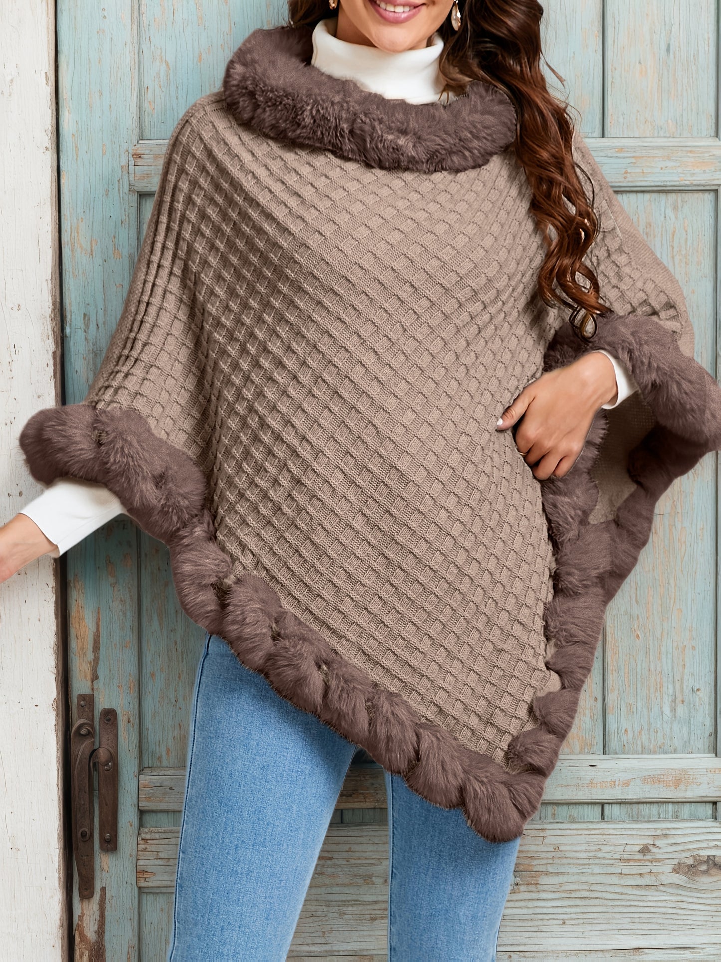 Pure Body" Elegant Special Edition Women's Solid Color Waffle Pullover, 100% Polyester with Faux Fur Collar Splice, Stylish and Warm Sweater for Autumn/Winter, Suitable for Outdoors, Office & Home Wear, Hand Washable, Gift Id - Lencensa 