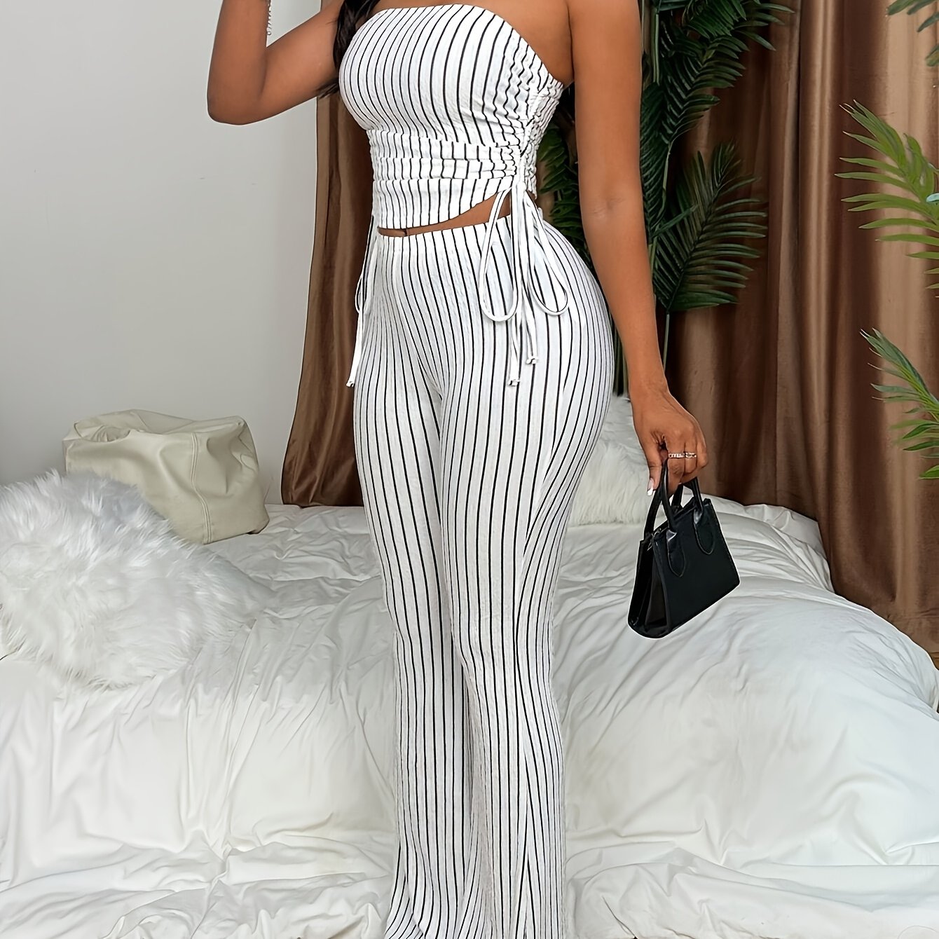 Lencensa - Ensemble Femme Top Bustier et Pantalon Évasé