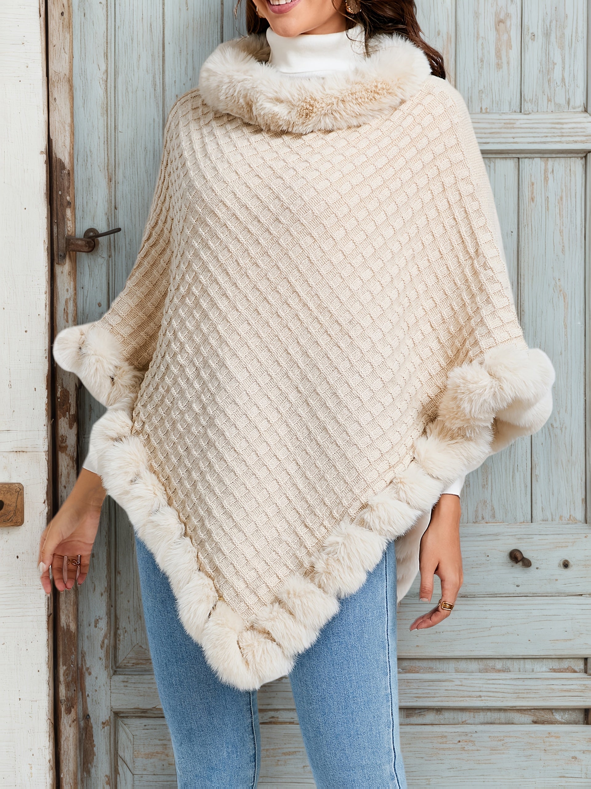 Pure Body" Elegant Special Edition Women's Solid Color Waffle Pullover, 100% Polyester with Faux Fur Collar Splice, Stylish and Warm Sweater for Autumn/Winter, Suitable for Outdoors, Office & Home Wear, Hand Washable, Gift Id - Lencensa 