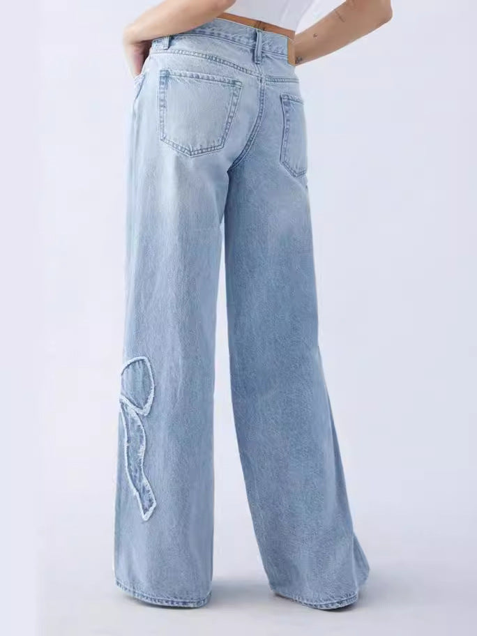 Embroidered High Waist Straight Leg Jeans - Lencensa 