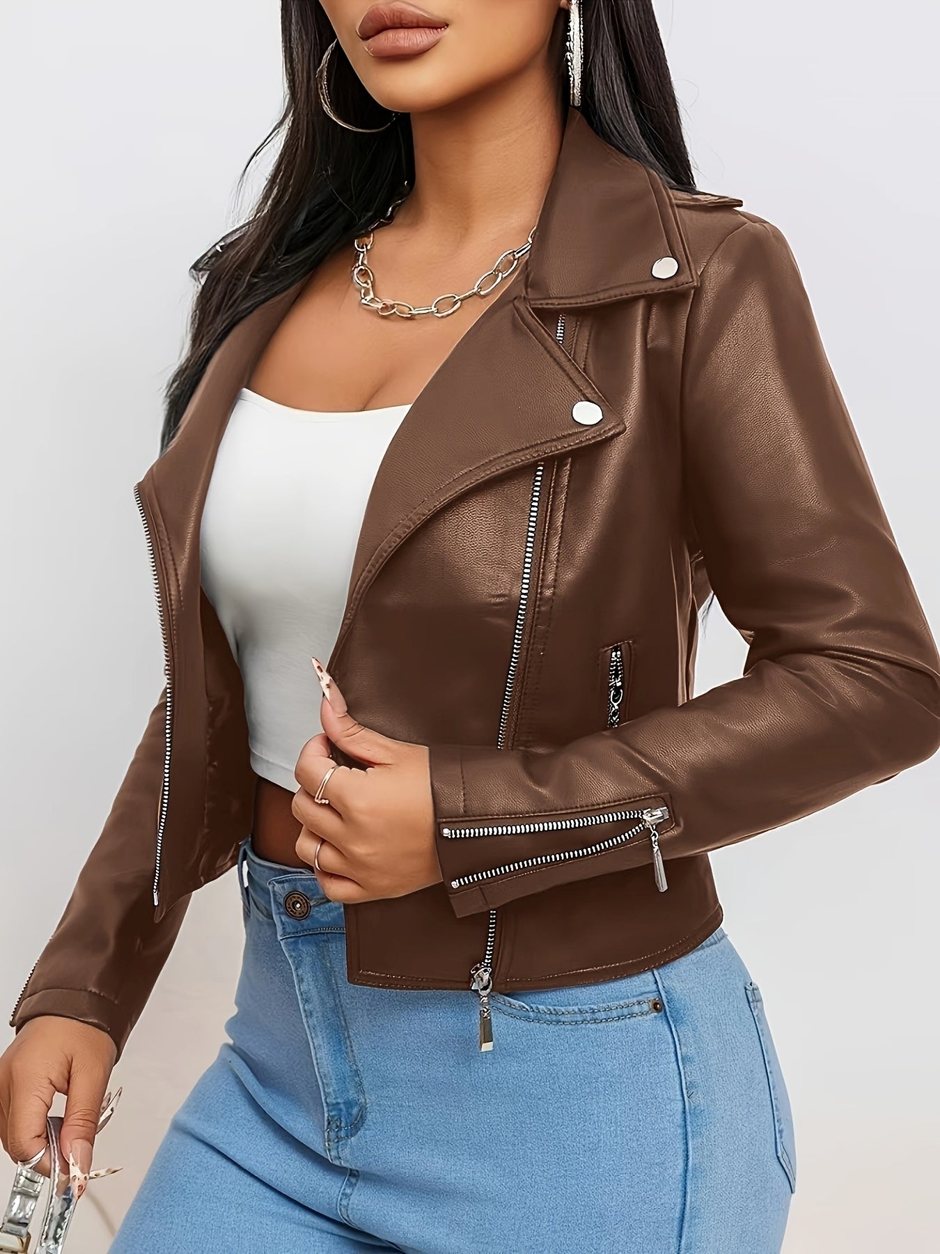 Women'S Chic Faux Leather Biker Jacket - Beige, Long Sleeve, Zipper Front, Pockets, Skinny Fit, Spring/Fall Fashion, Casual Attire Jacket|Chic Casual Jacket|Zippered Jacket - Lencensa 