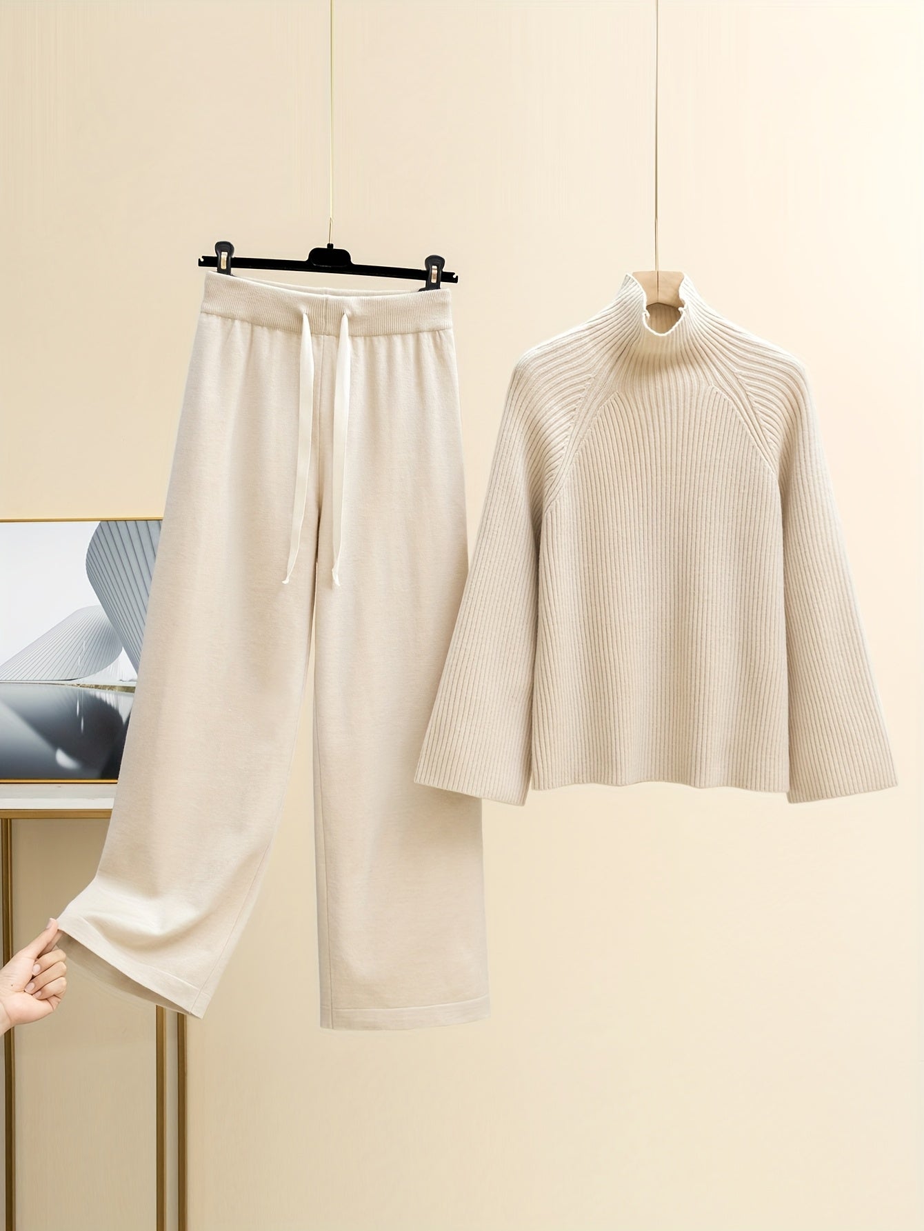 Women'S Elegant High-Neck Long Sleeve Top & Wide-Leg Pants Set - Beige Ribbed Sweater with Drawstring Waist, Casual Fall/Winter Outfit, Casual Attire|Ribbed Texture| Construction, Sweater Set - Lencensa 