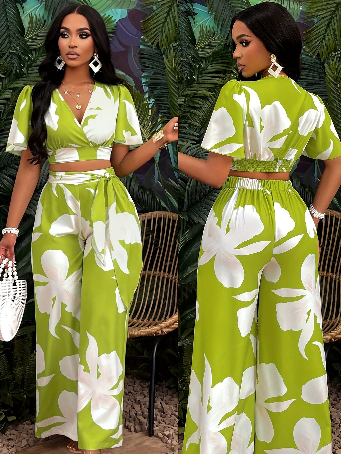 Lencensa - Ensemble Femme Crop Top Tropical et Pantalon Large
