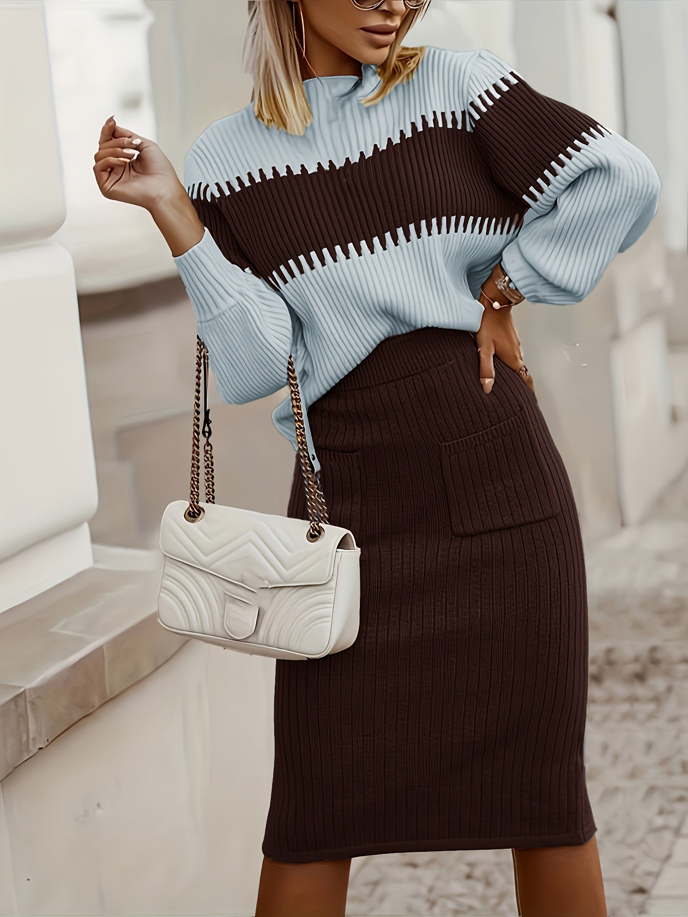 Ensemble Deux Pièces Femme Élégant - Cardigan Manches Longues & Jupe Marron 2025 - Lencensa 