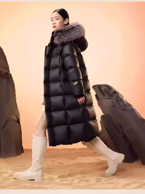 Veste en duvet d’oie noire élégante avec col en fourrure de renard - Lencensa 