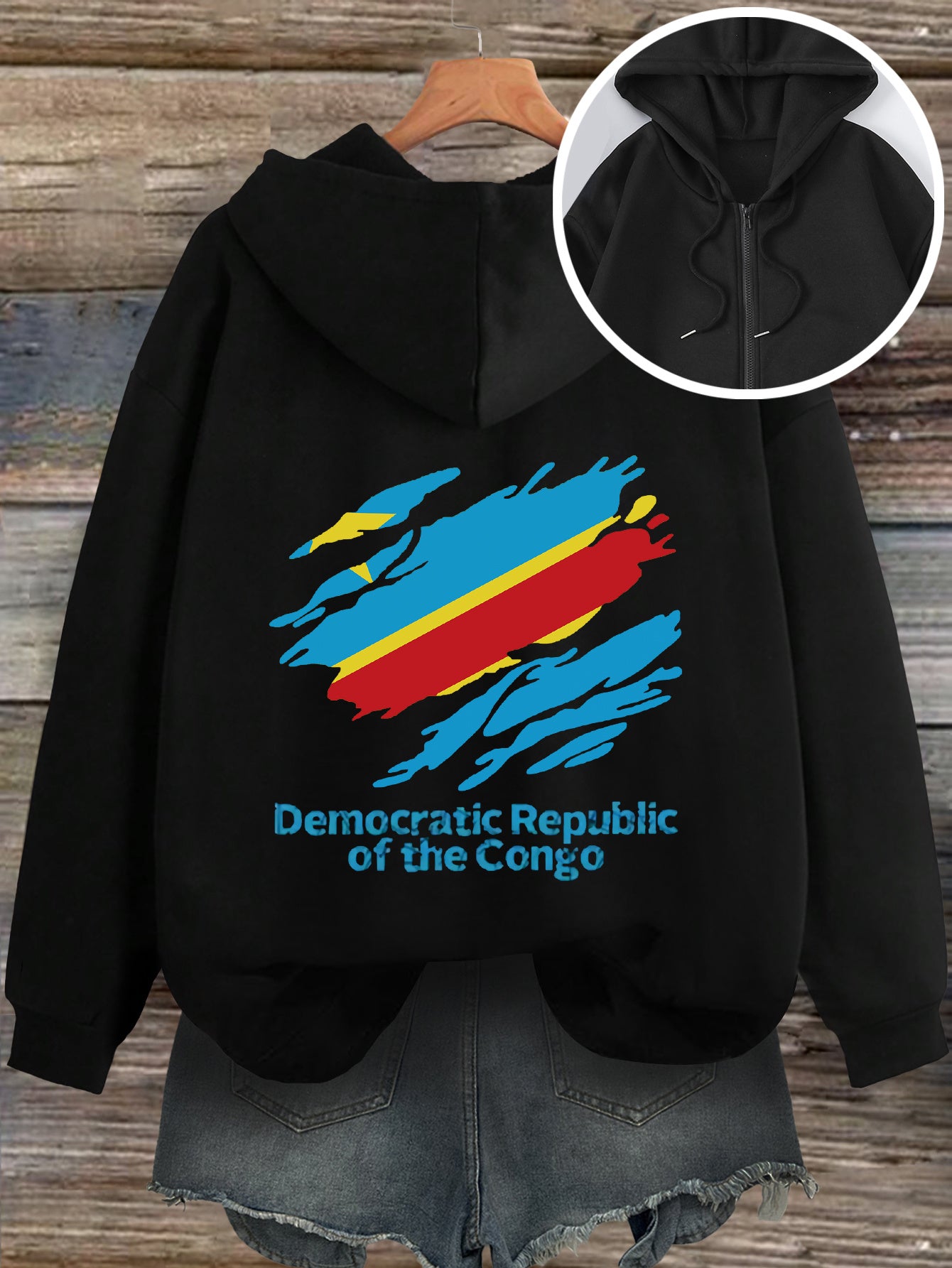 Women'S Casual Hooded Zip-Up Cardigan with Democratic Republic of the Congo Print, Loose Fit Fashion Top for Fall/Winter, Front Pocket Detail, Hoodie - Lencensa 