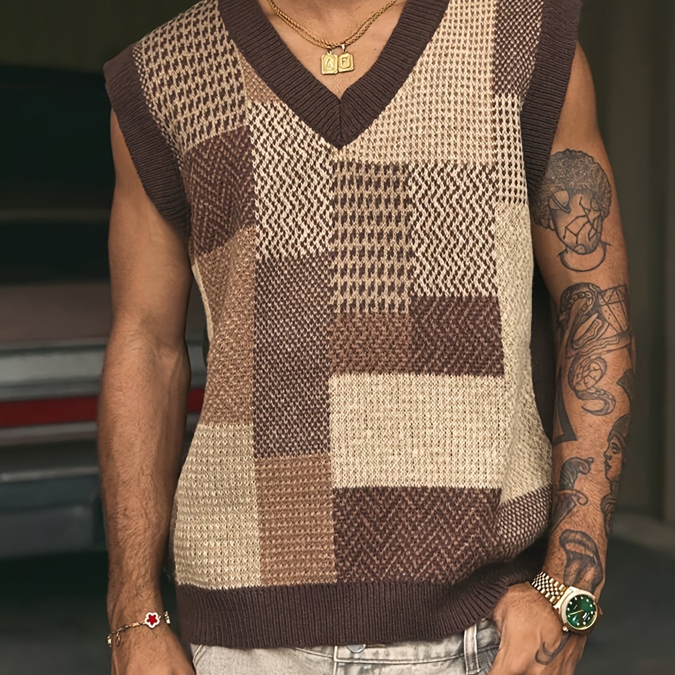Lencensa - Gilet Homme Col V Tricot Motif Géométrique