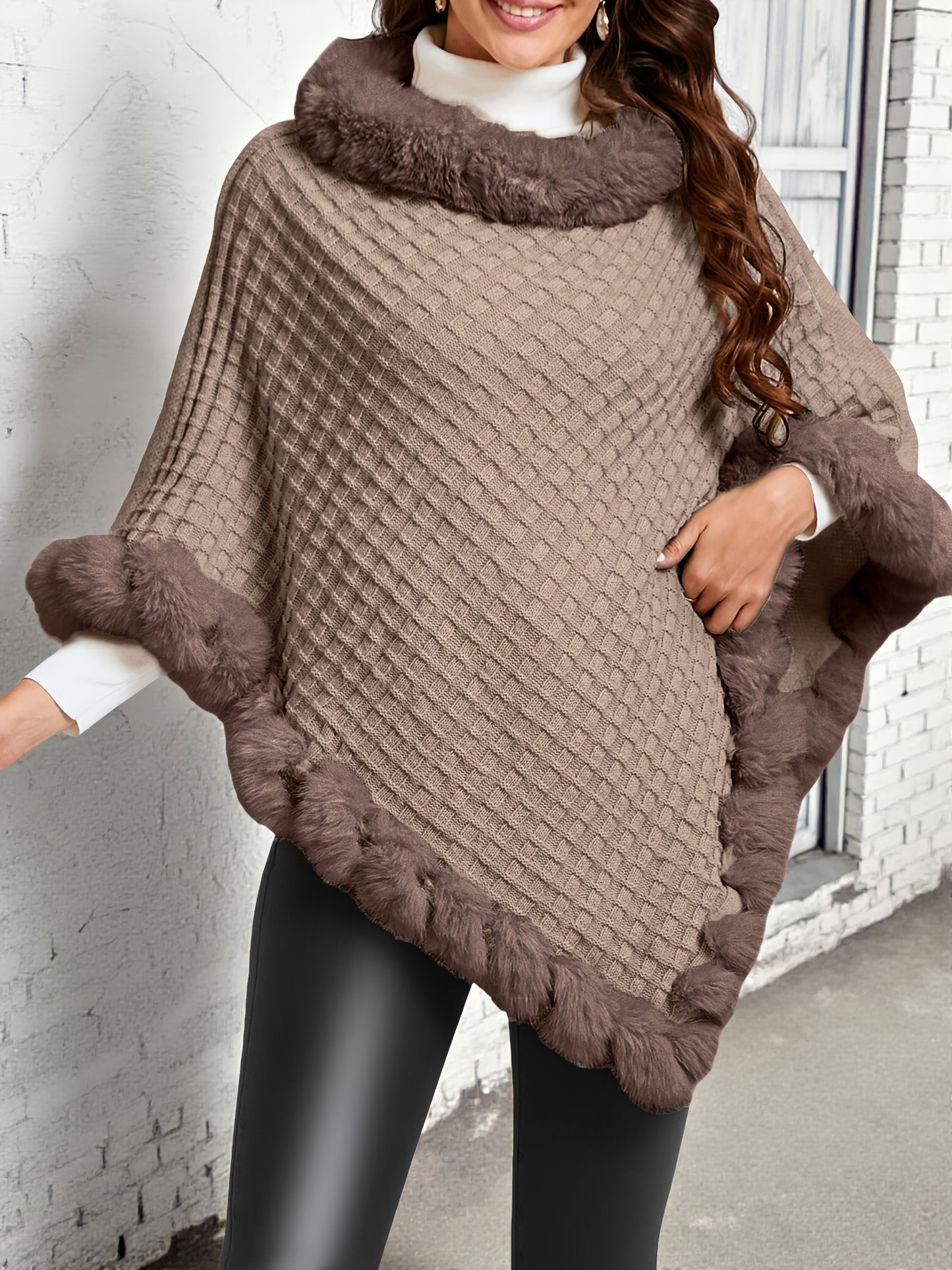 Pure Body" Elegant Special Edition Women's Solid Color Waffle Pullover, 100% Polyester with Faux Fur Collar Splice, Stylish and Warm Sweater for Autumn/Winter, Suitable for Outdoors, Office & Home Wear, Hand Washable, Gift Id - Lencensa 