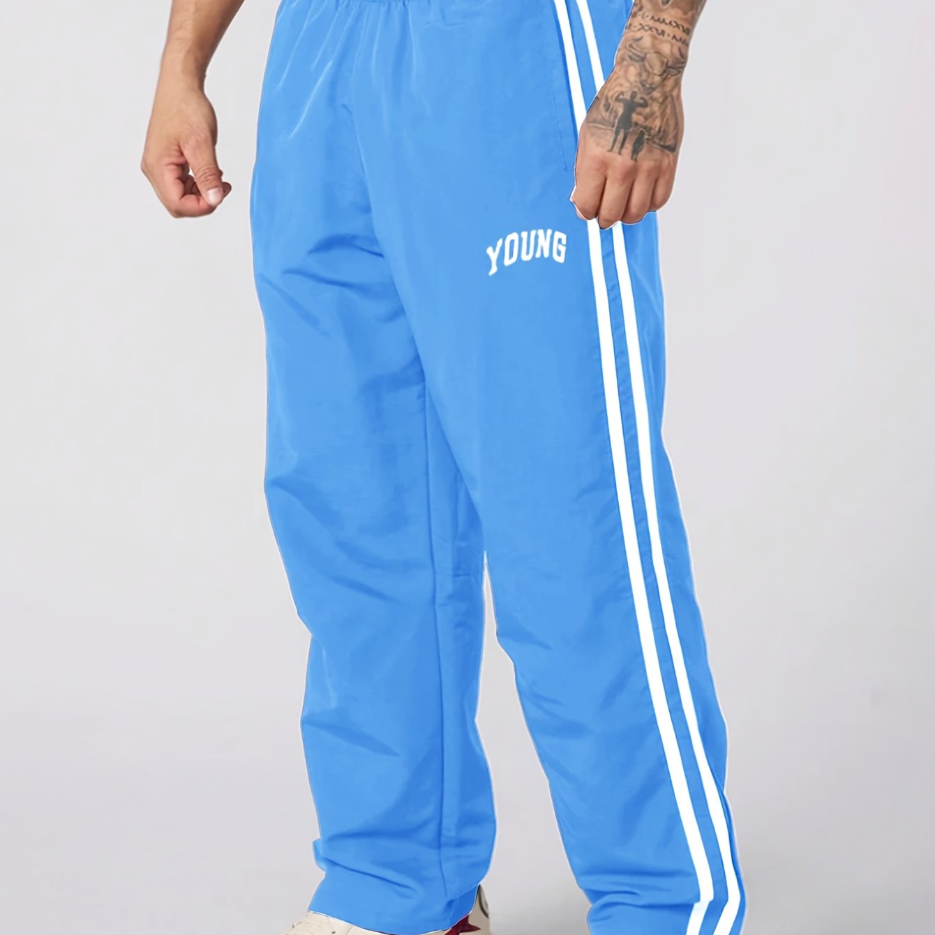 Joggers athlétiques légers pour hommes - Vert vibrant à rayures blanches, imprimé "JEUNE", coupe ample, taille à cordon de serrage, parfait pour la salle de sport, les vêtements décontractés ou le cadeau pour la famille et les amis, pantalon