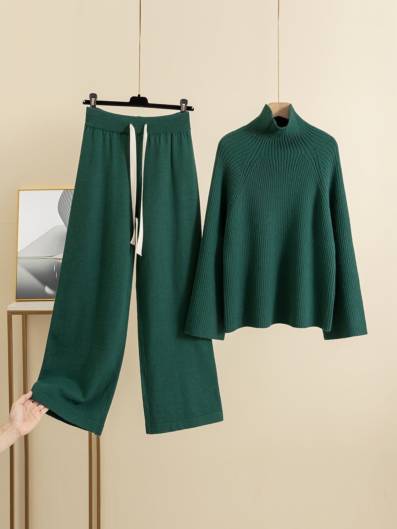 Women'S Elegant High-Neck Long Sleeve Top & Wide-Leg Pants Set - Beige Ribbed Sweater with Drawstring Waist, Casual Fall/Winter Outfit, Casual Attire|Ribbed Texture| Construction, Sweater Set - Lencensa 