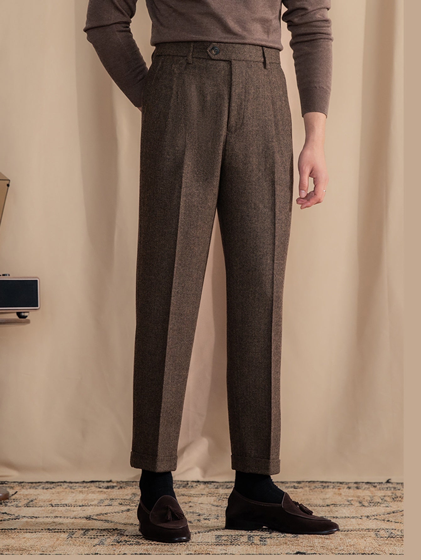 Lencensa - Pantalon Homme Chevrons Marron Coupe Classique