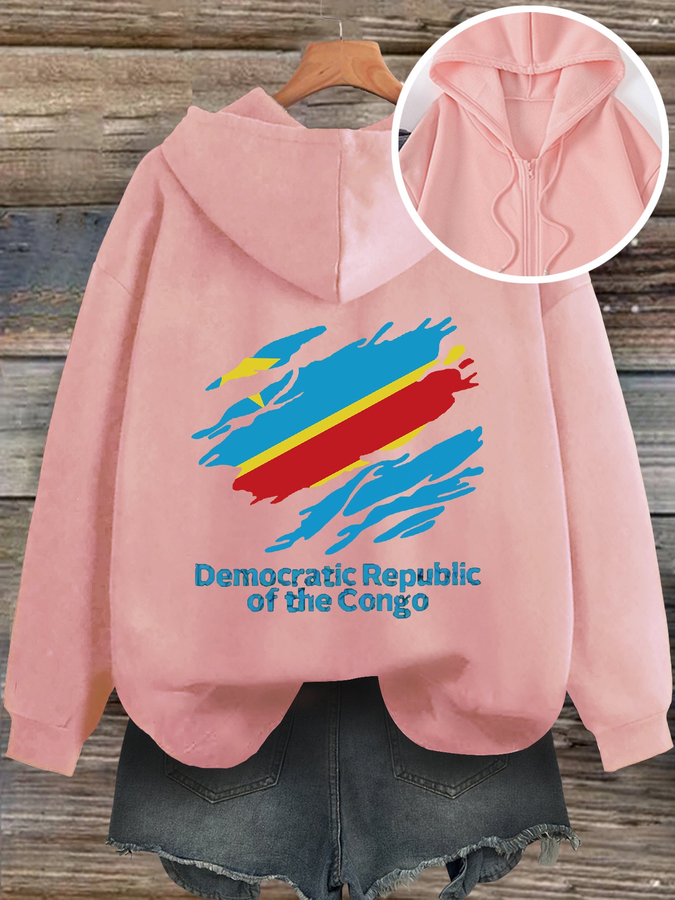 Women'S Casual Hooded Zip-Up Cardigan with Democratic Republic of the Congo Print, Loose Fit Fashion Top for Fall/Winter, Front Pocket Detail, Hoodie - Lencensa 