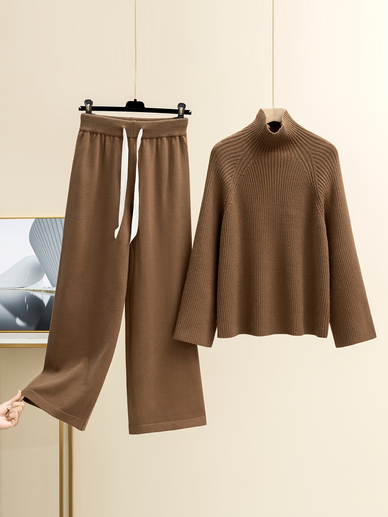 Women'S Elegant High-Neck Long Sleeve Top & Wide-Leg Pants Set - Beige Ribbed Sweater with Drawstring Waist, Casual Fall/Winter Outfit, Casual Attire|Ribbed Texture| Construction, Sweater Set - Lencensa 