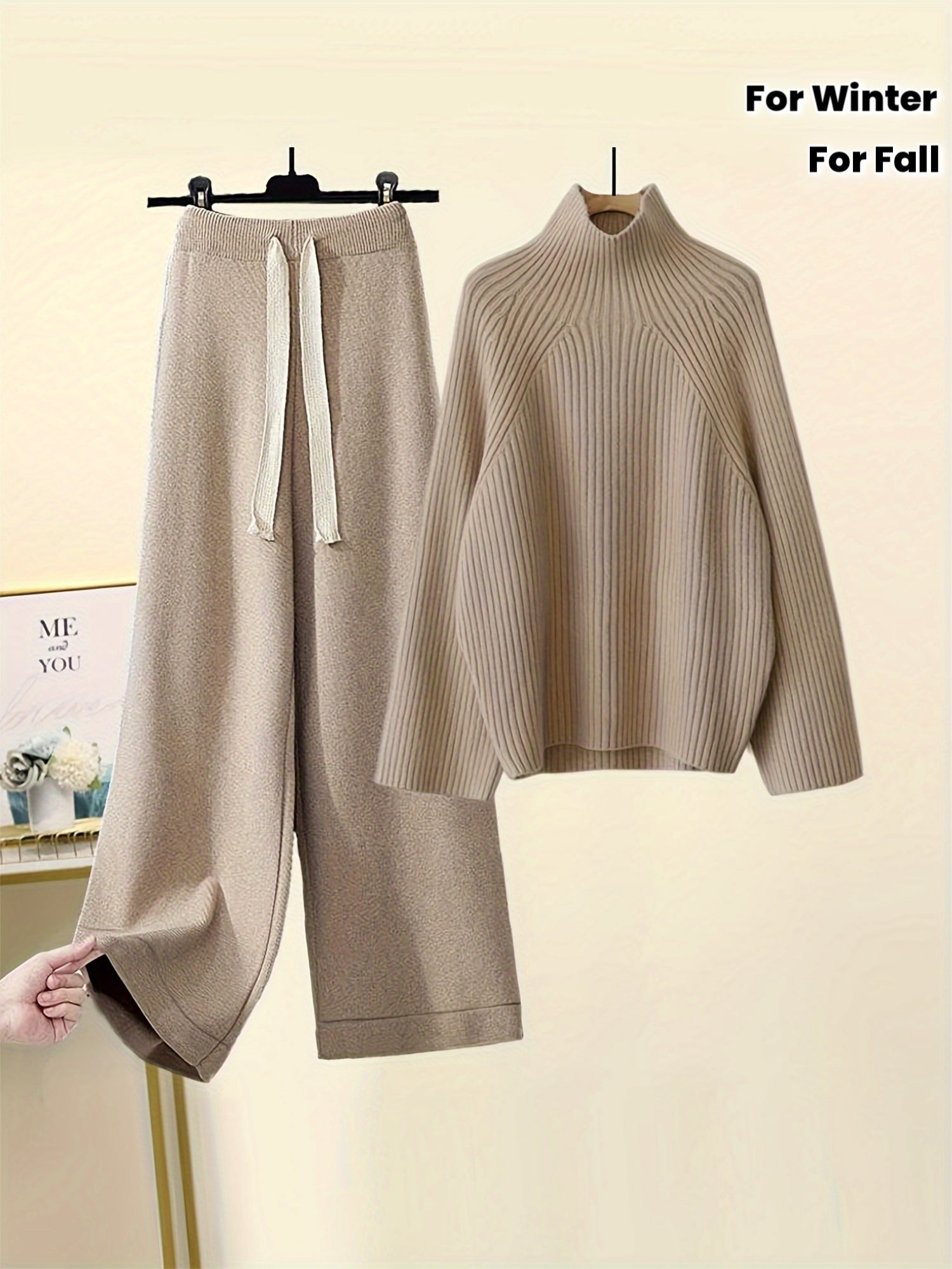 Women'S Elegant High-Neck Long Sleeve Top & Wide-Leg Pants Set - Beige Ribbed Sweater with Drawstring Waist, Casual Fall/Winter Outfit, Casual Attire|Ribbed Texture| Construction, Sweater Set - Lencensa 