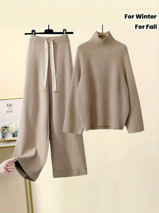 Women'S Elegant High-Neck Long Sleeve Top & Wide-Leg Pants Set - Beige Ribbed Sweater with Drawstring Waist, Casual Fall/Winter Outfit, Casual Attire|Ribbed Texture| Construction, Sweater Set - Lencensa 