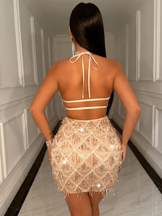 Lencensa - Robe Mini Sequins Halter Dos Nu Élégante