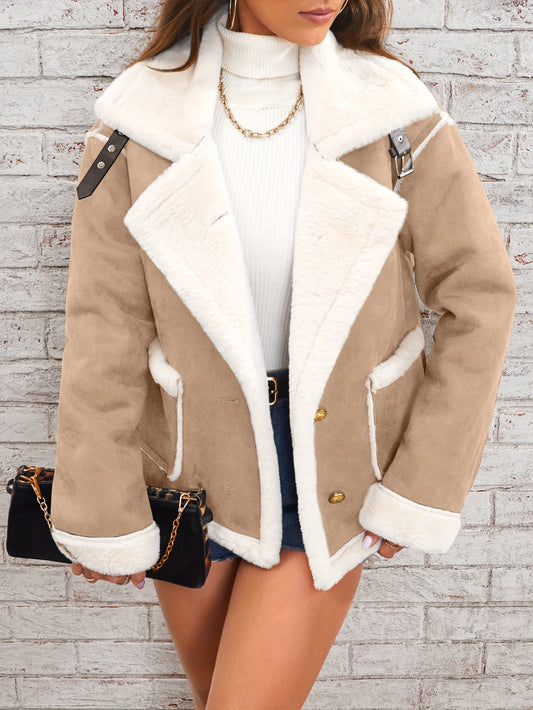 Lapel Plush Jacket, Winter Warm Casual Outwear, Women's Clothing - Lencensa 