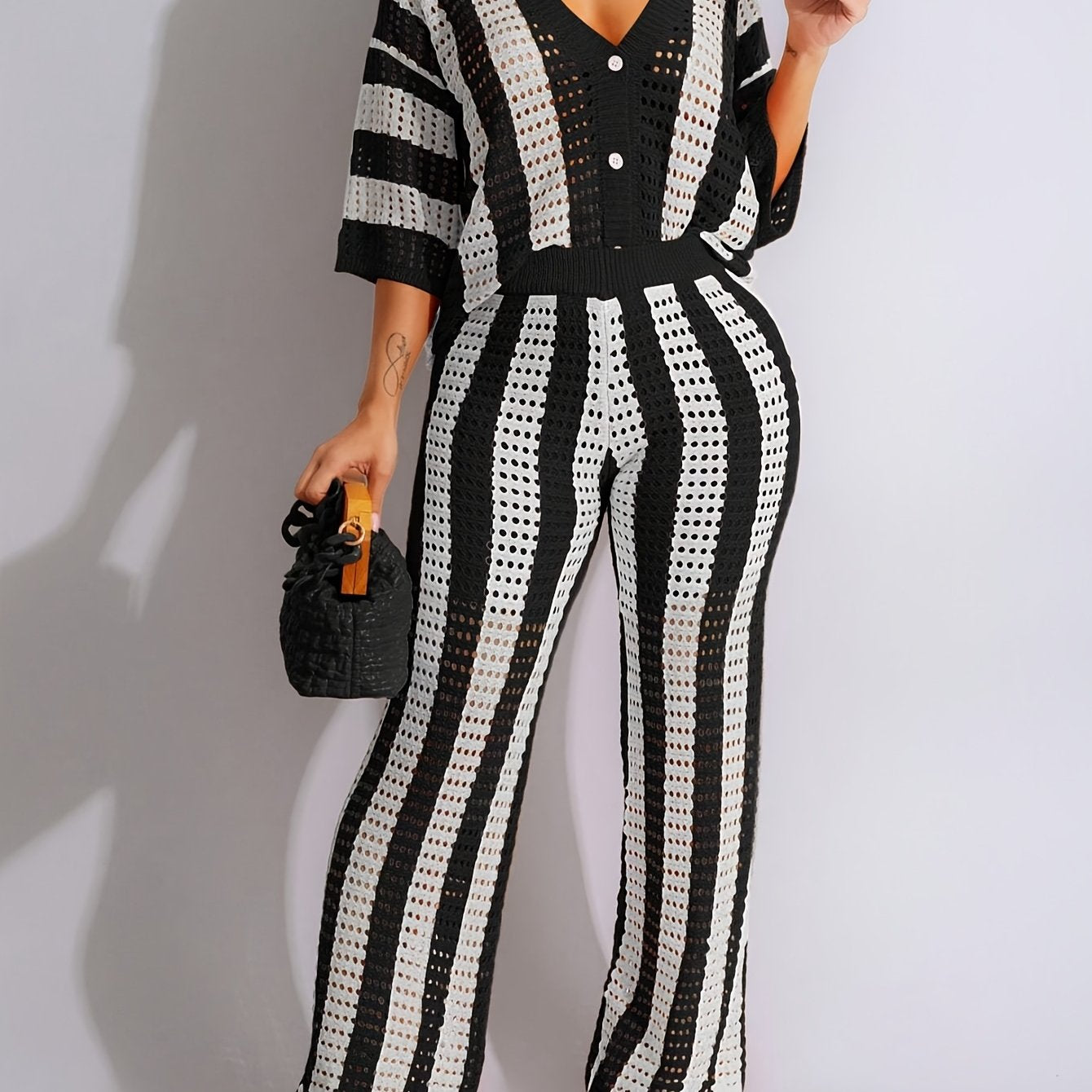 Lencensa - Ensemble Femme Top Col V et Pantalon Tricot