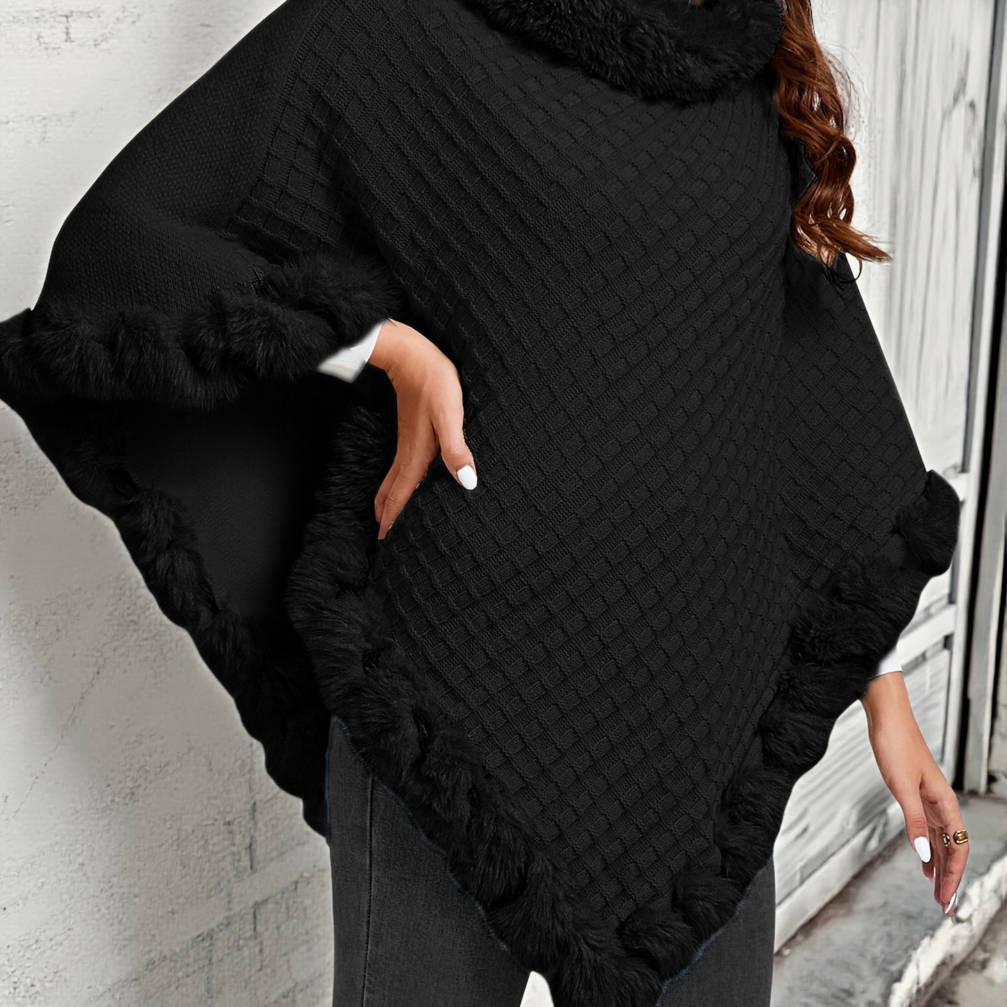 Pure Body" Elegant Special Edition Women's Solid Color Waffle Pullover, 100% Polyester with Faux Fur Collar Splice, Stylish and Warm Sweater for Autumn/Winter, Suitable for Outdoors, Office & Home Wear, Hand Washable, Gift Id - Lencensa 