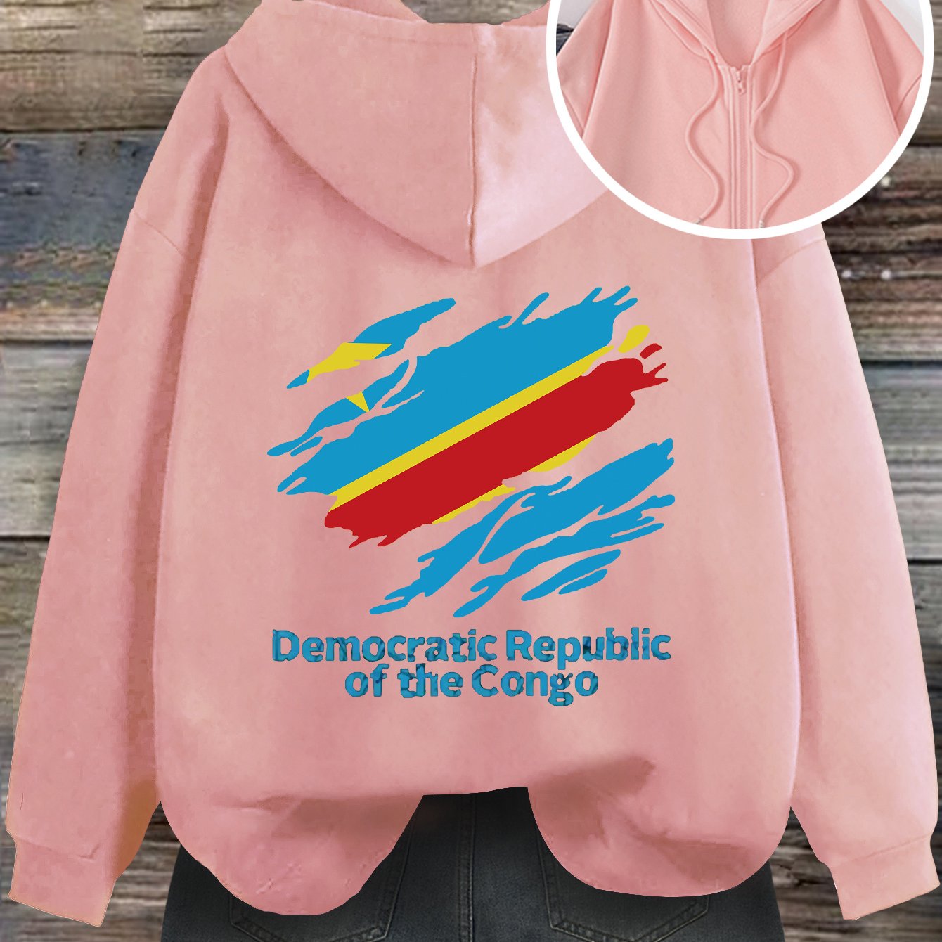 Women'S Casual Hooded Zip-Up Cardigan with Democratic Republic of the Congo Print, Loose Fit Fashion Top for Fall/Winter, Front Pocket Detail, Hoodie - Lencensa 