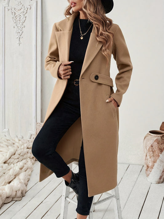 Women's Elegant Long Black Tweed Coat with Adjustable Belt - H-Silhouette Asymmetrical Hem, Machine Washable Winter Trench Coat for Fall & Winter, Office to Evening Versatile Outerwear, Notch Lapel Design - Lencensa 