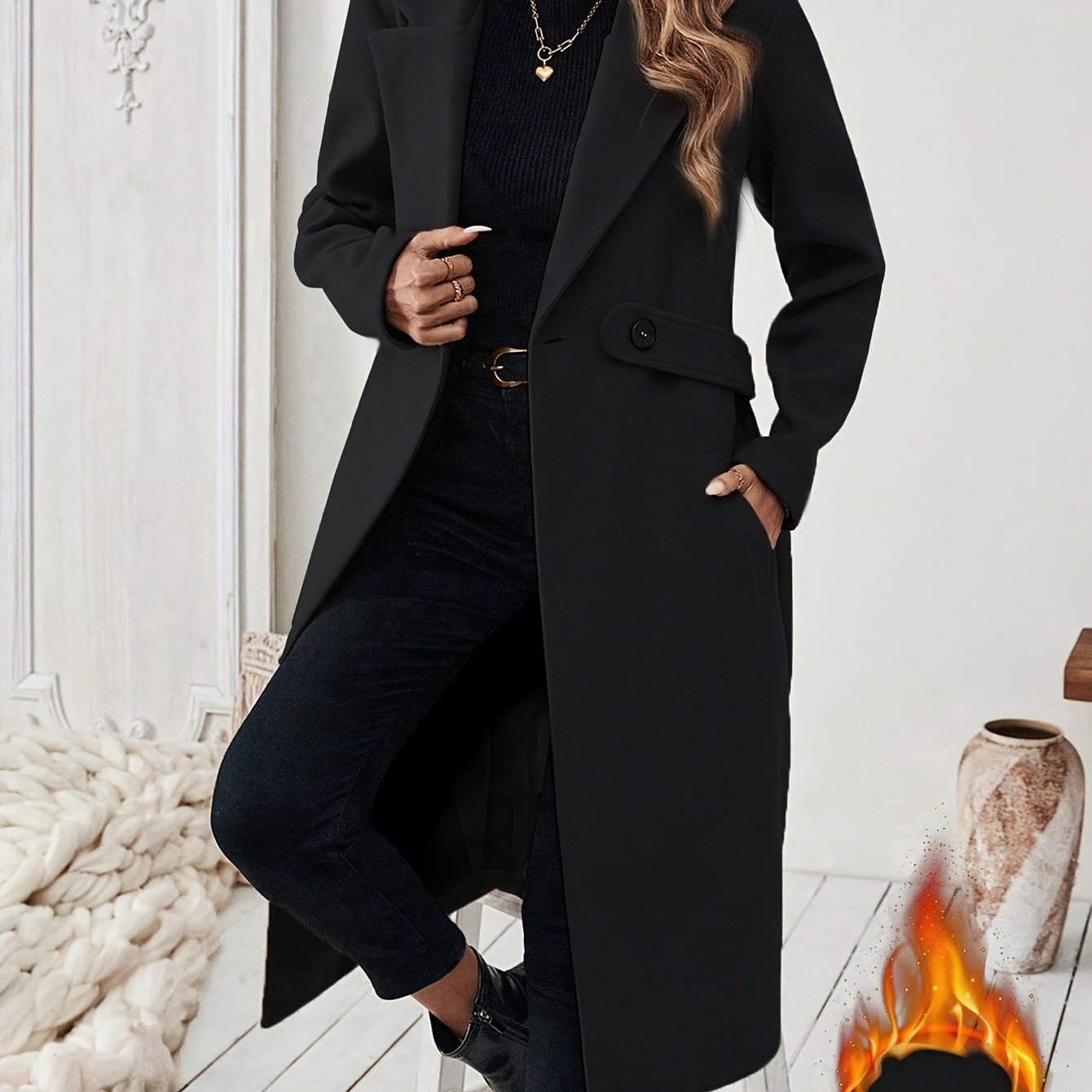 Women's Elegant Long Black Tweed Coat with Adjustable Belt - H-Silhouette Asymmetrical Hem, Machine Washable Winter Trench Coat for Fall & Winter, Office to Evening Versatile Outerwear, Notch Lapel Design - Lencensa 