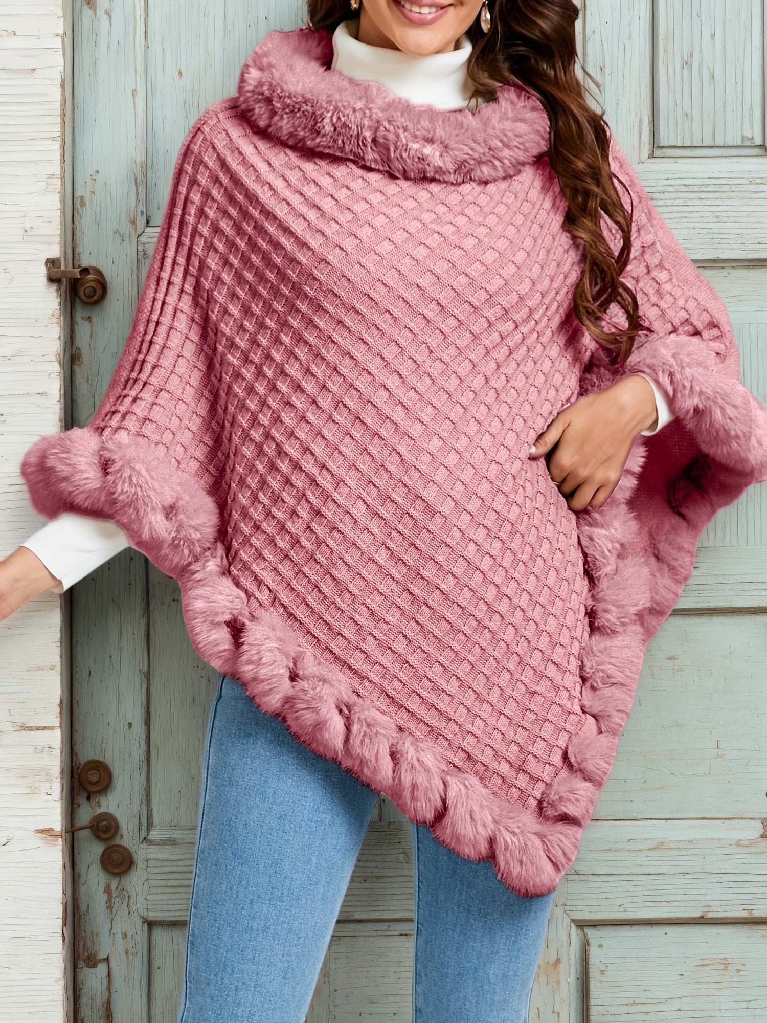 Pure Body" Elegant Special Edition Women's Solid Color Waffle Pullover, 100% Polyester with Faux Fur Collar Splice, Stylish and Warm Sweater for Autumn/Winter, Suitable for Outdoors, Office & Home Wear, Hand Washable, Gift Id - Lencensa 