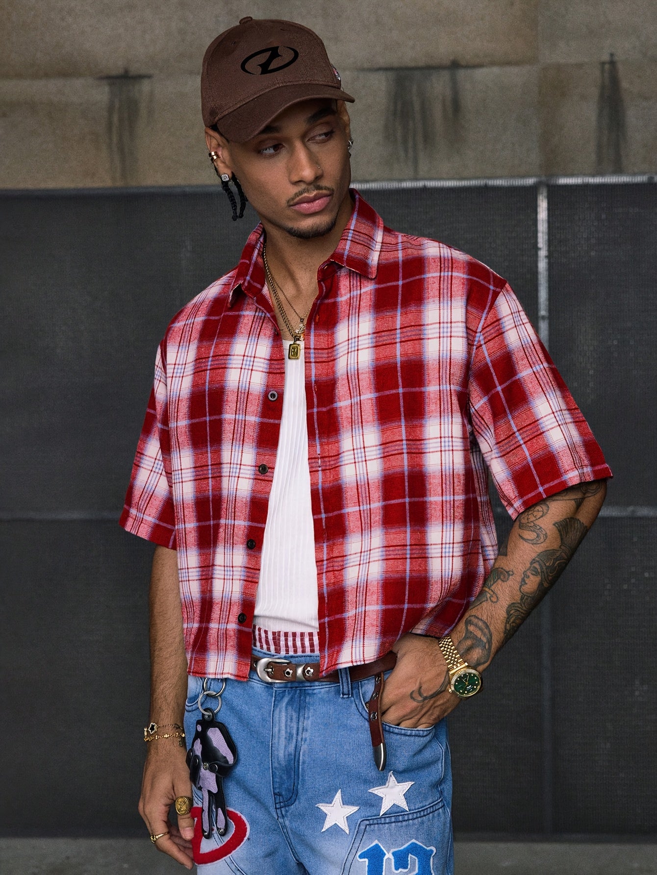 Lencensa - Chemise Homme Manches Courtes Carreaux Rouge et Blanc