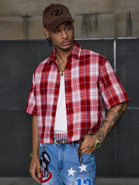 Lencensa - Chemise Homme Manches Courtes Carreaux Rouge et Blanc
