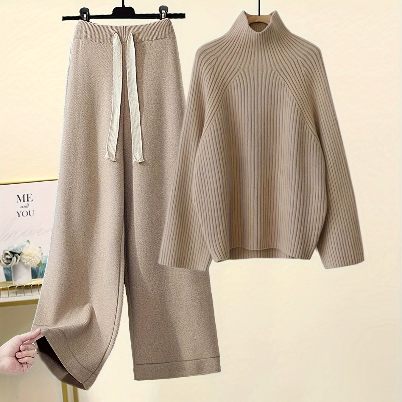 Women'S Elegant High-Neck Long Sleeve Top & Wide-Leg Pants Set - Beige Ribbed Sweater with Drawstring Waist, Casual Fall/Winter Outfit, Casual Attire|Ribbed Texture| Construction, Sweater Set - Lencensa 