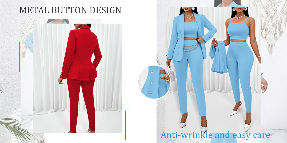 Women's Elegant 3pcs Beige/Beige/Nude Suit Set - Tailored Collar Blazer, Structured Wide-Leg Pants & Wrinkle-Resistant Tailored Blazer Jacket with Matching Pants - Office, Wedding, Formal Events - Machine Washable & Versatile - Lencensa 