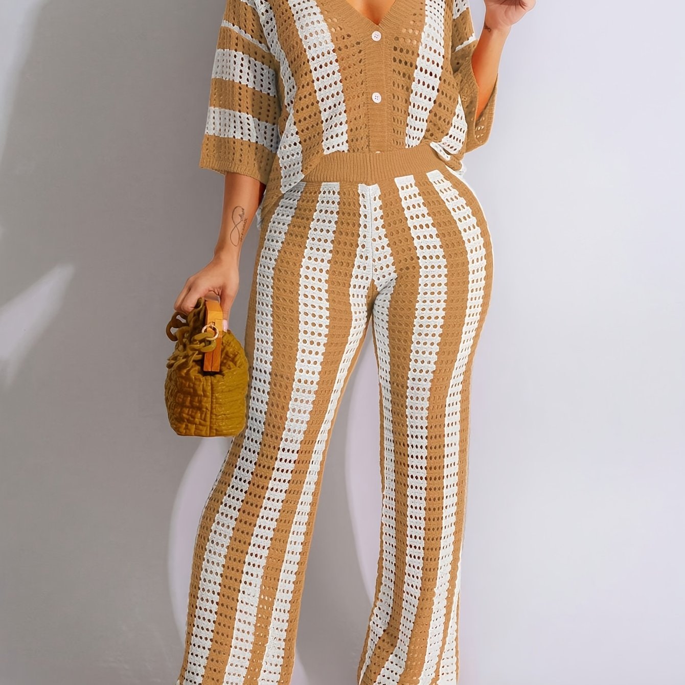 Lencensa - Ensemble Femme Top Col V et Pantalon Tricot