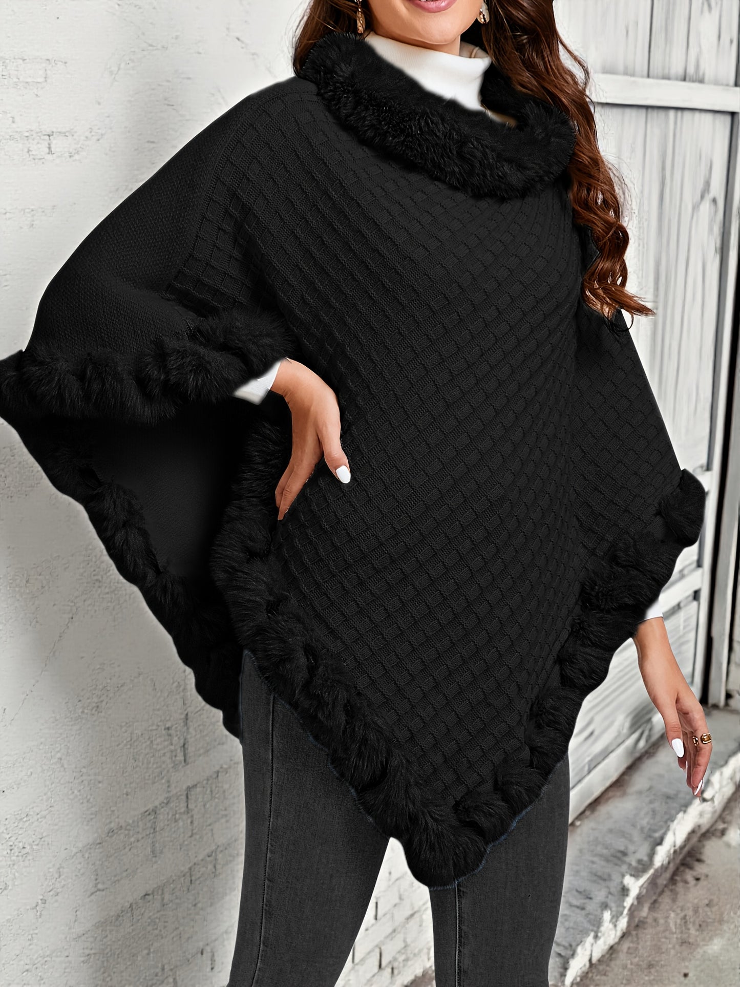 Pure Body" Elegant Special Edition Women's Solid Color Waffle Pullover, 100% Polyester with Faux Fur Collar Splice, Stylish and Warm Sweater for Autumn/Winter, Suitable for Outdoors, Office & Home Wear, Hand Washable, Gift Id - Lencensa 