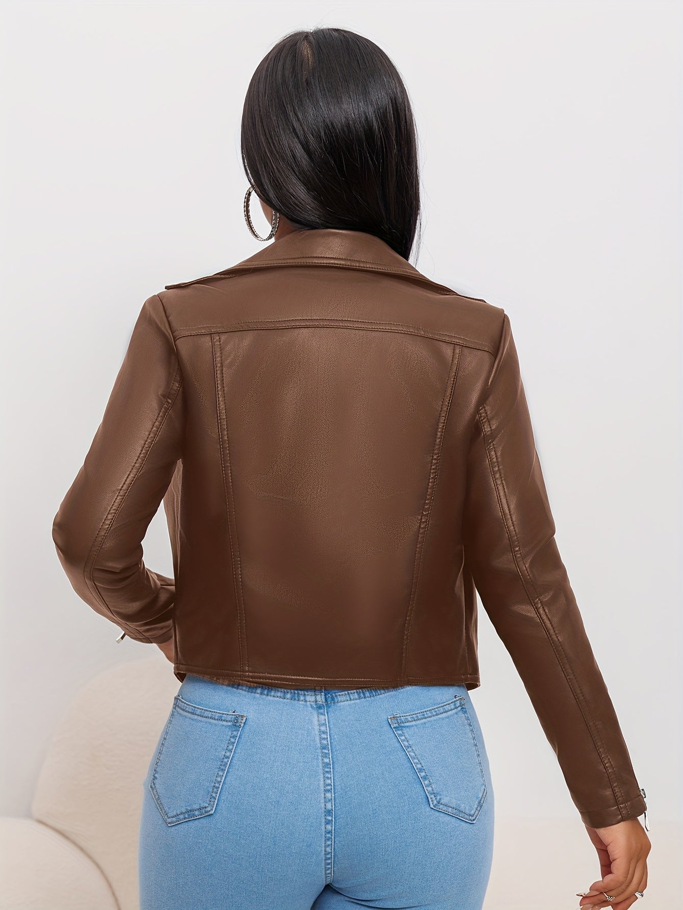 Women'S Chic Faux Leather Biker Jacket - Beige, Long Sleeve, Zipper Front, Pockets, Skinny Fit, Spring/Fall Fashion, Casual Attire Jacket|Chic Casual Jacket|Zippered Jacket - Lencensa 