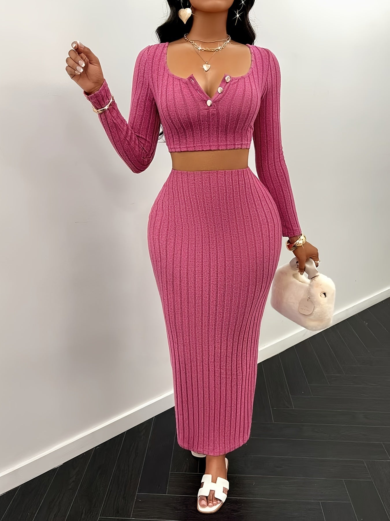 Lencensa - Ensemble Crop Top Manches Longues et Jupe Midi