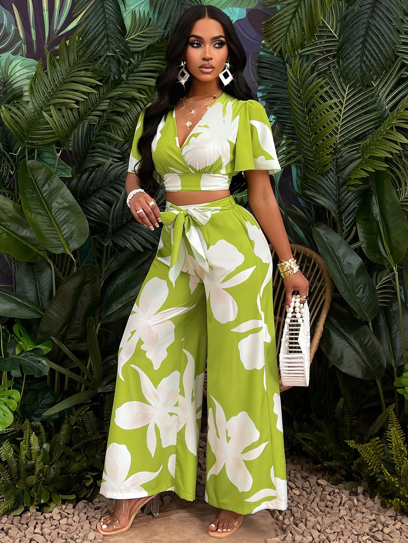 Lencensa - Ensemble Femme Crop Top Tropical et Pantalon Large