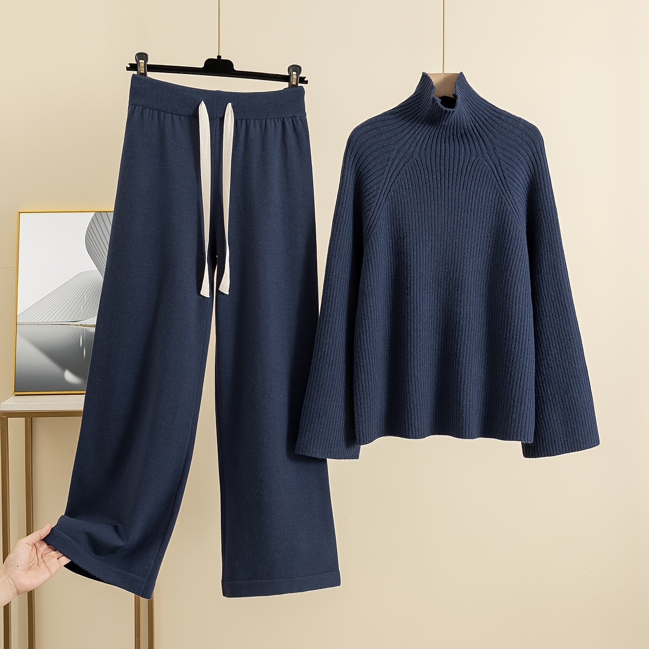 Women'S Elegant High-Neck Long Sleeve Top & Wide-Leg Pants Set - Beige Ribbed Sweater with Drawstring Waist, Casual Fall/Winter Outfit, Casual Attire|Ribbed Texture| Construction, Sweater Set - Lencensa 