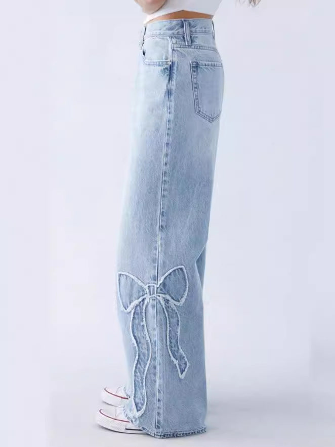Embroidered High Waist Straight Leg Jeans - Lencensa 
