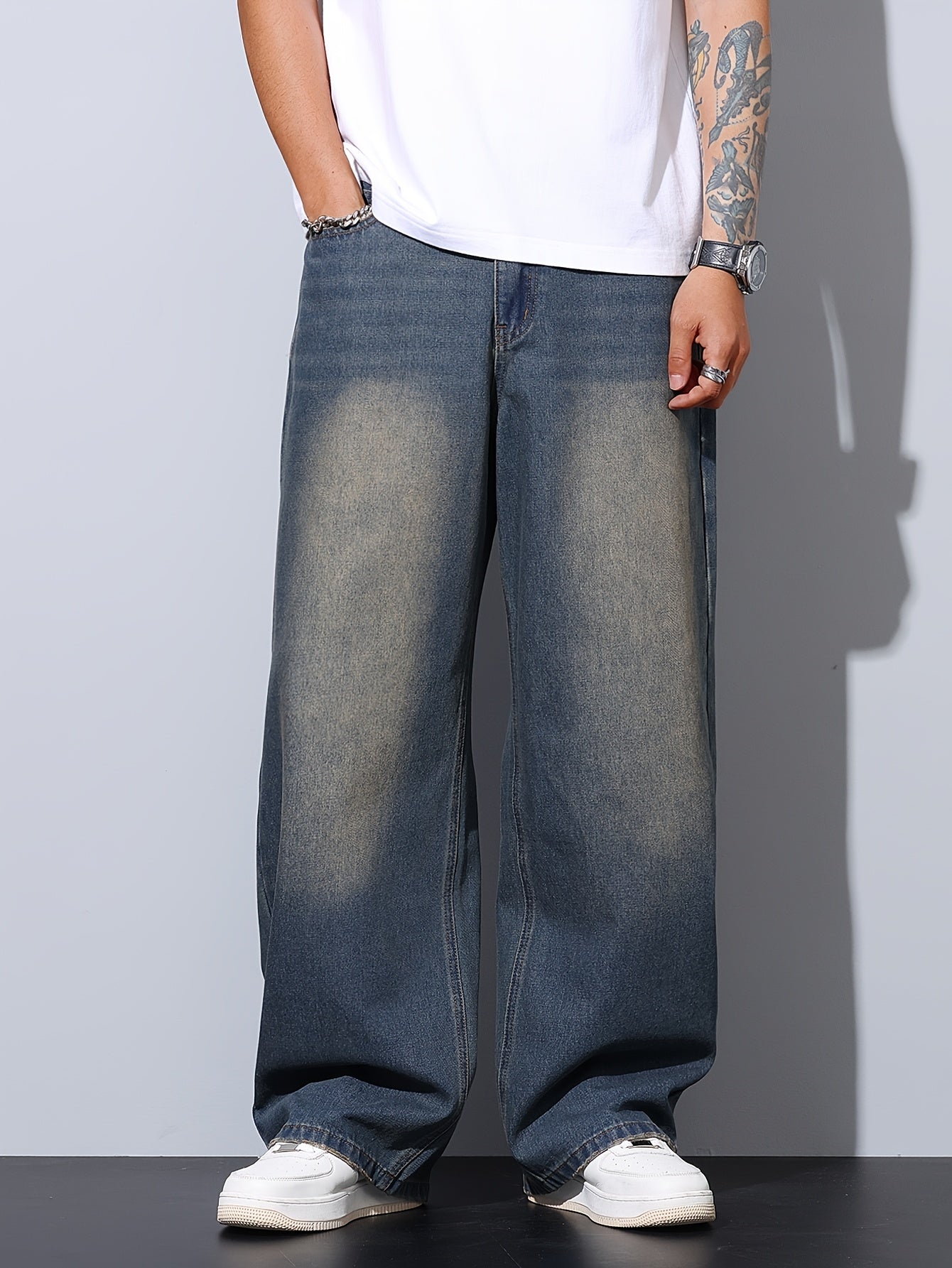 Jean Délavé Lencensa - Coupe Large Effet Usé Bleu Homme