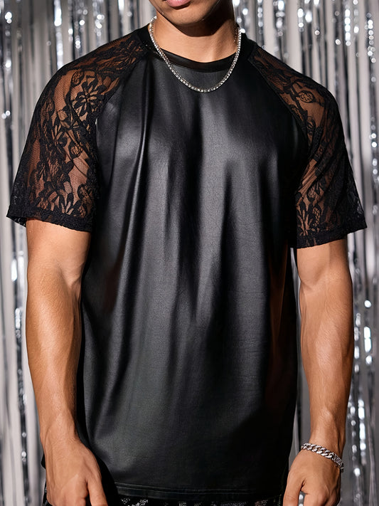 T-Shirt Faux Cuir Lencensa - Patchwork Dentelle Street Style Homme