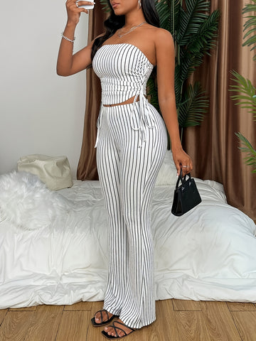 Lencensa - Ensemble Femme Top Bustier et Pantalon Évasé