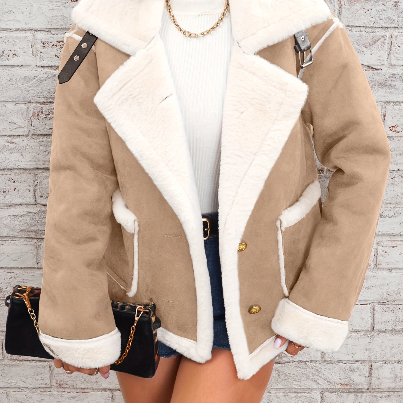 Lapel Plush Jacket, Winter Warm Casual Outwear, Women's Clothing - Lencensa 