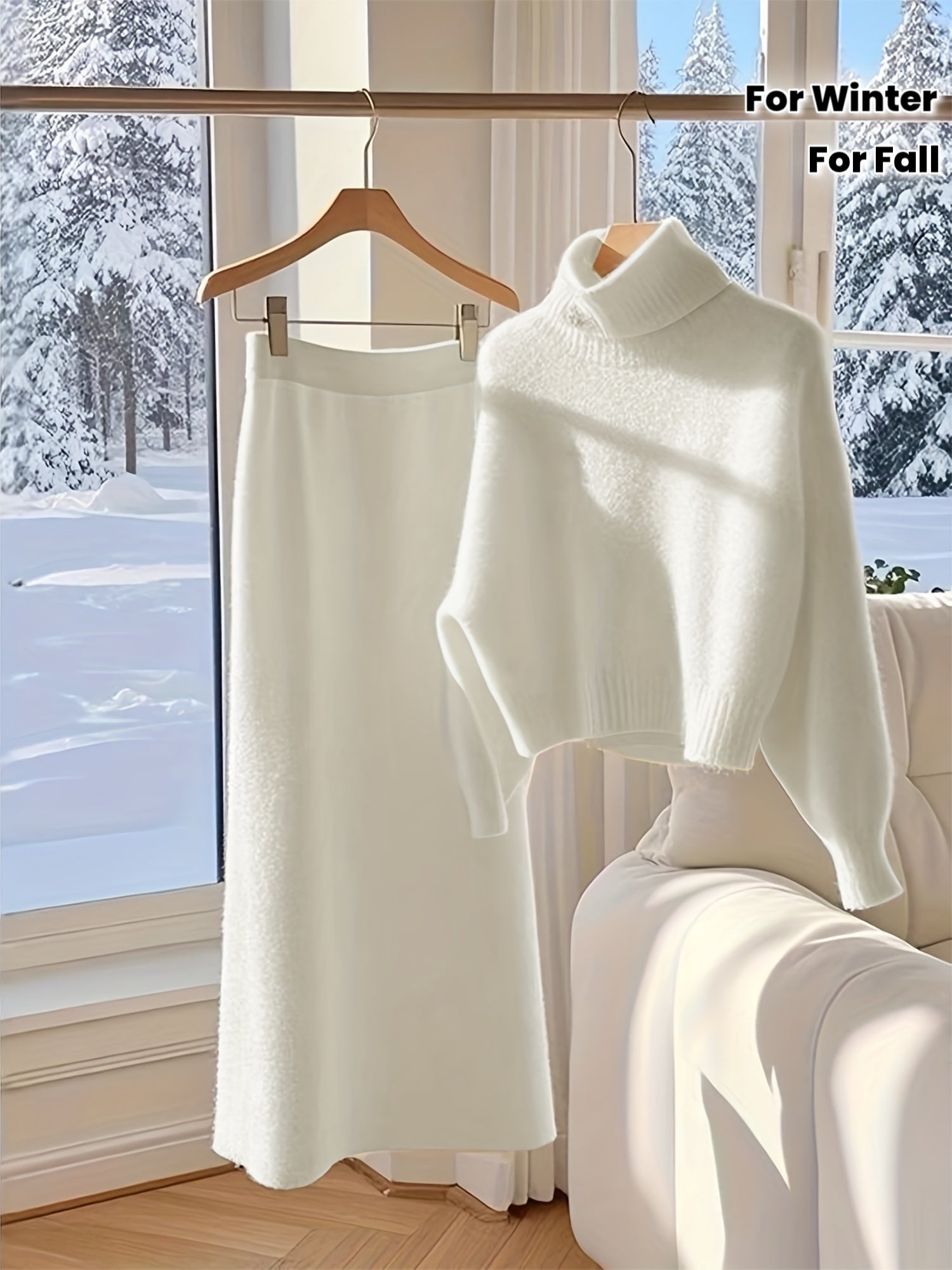 Elegant Women'S Two-Piece Set: High Neck Sweater and Skirt - Chic White, Long Sleeve, Button-Up, Perfect for Fall/Winter, Stylish Office Attire, Office Attire|Sleek Formal Attire| Fabric, Winter Skirt And Top Set For Women, S - Lencensa 