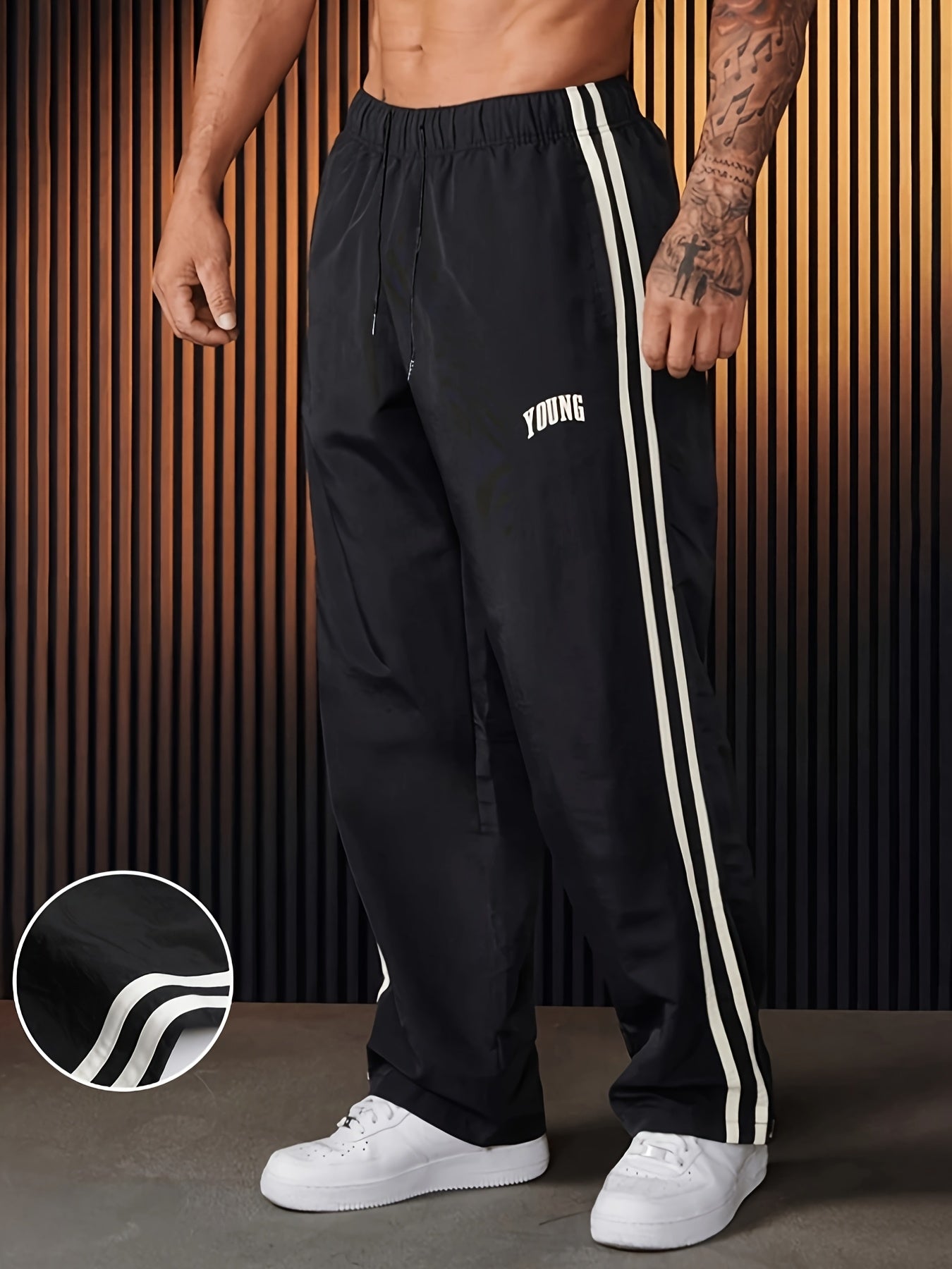 Joggers athlétiques légers pour hommes - Vert vibrant à rayures blanches, imprimé "JEUNE", coupe ample, taille à cordon de serrage, parfait pour la salle de sport, les vêtements décontractés ou le cadeau pour la famille et les amis, pantalon