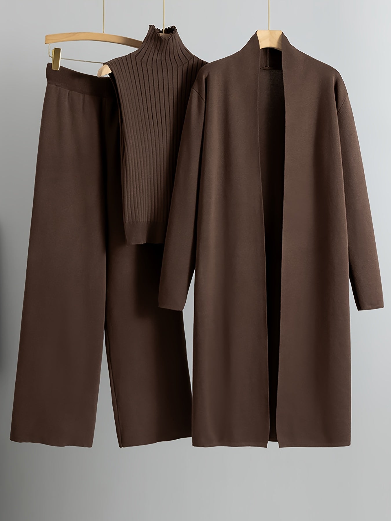 Autumn and Winter Women's Outfit, Solid Color Sweater Three-Piece Set, Cardigan Jacket Ensemble, Casual Elegant Ladies' Suit, Korean Style Top and Bottom Set, Fabric Wide-Leg Pants Set, Fabric Vest Set, Commuter Style Outfit, - Lencensa 