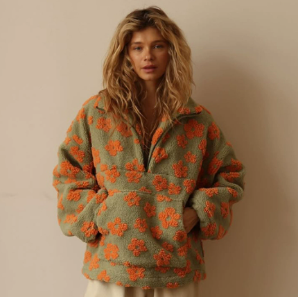 Floral Fleece Hoodie Women Loose Fit Warm Pullover - Lencensa 