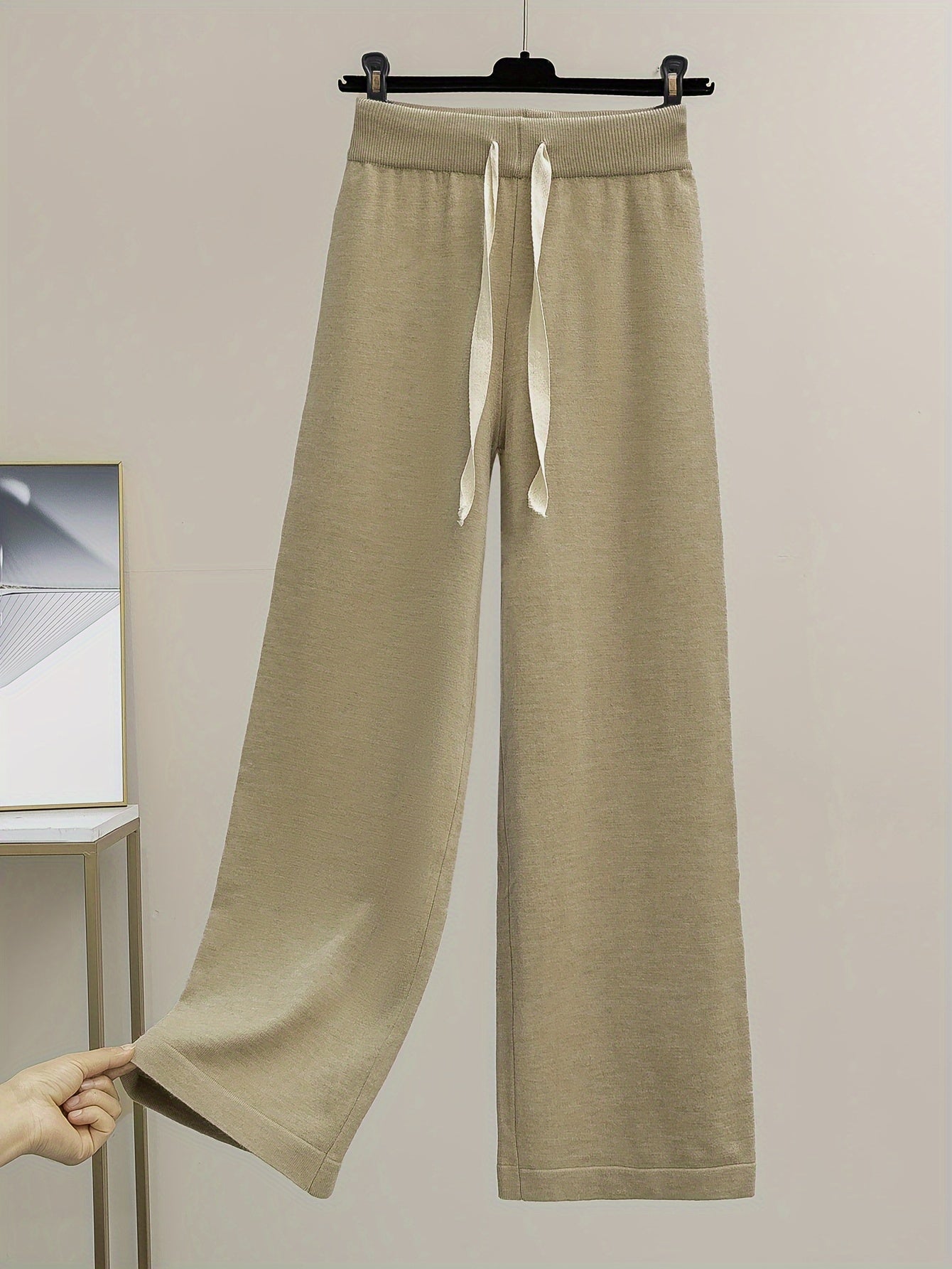 Women'S Elegant High-Neck Long Sleeve Top & Wide-Leg Pants Set - Beige Ribbed Sweater with Drawstring Waist, Casual Fall/Winter Outfit, Casual Attire|Ribbed Texture| Construction, Sweater Set - Lencensa 