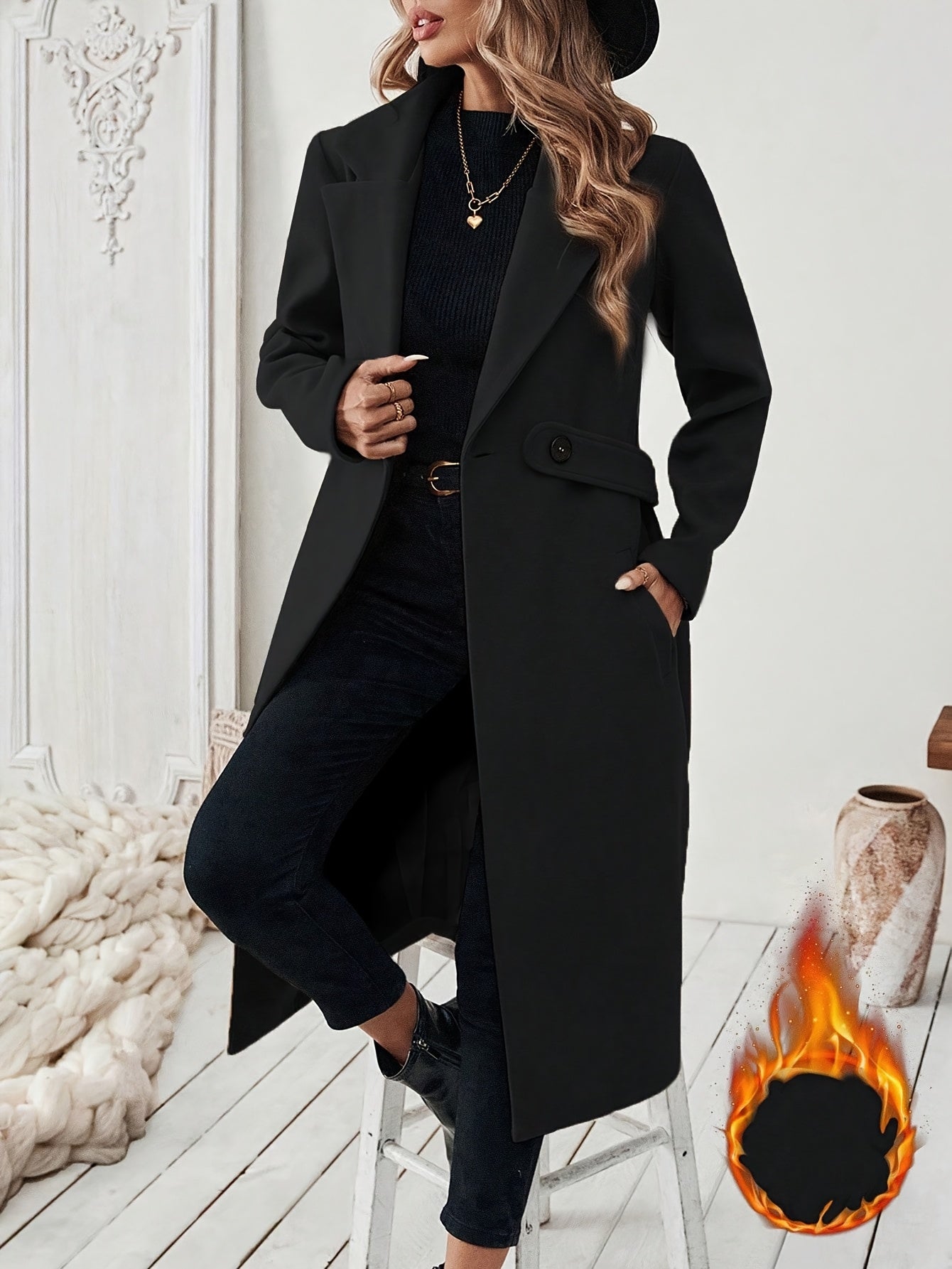 Women's Elegant Long Black Tweed Coat with Adjustable Belt - H-Silhouette Asymmetrical Hem, Machine Washable Winter Trench Coat for Fall & Winter, Office to Evening Versatile Outerwear, Notch Lapel Design - Lencensa 