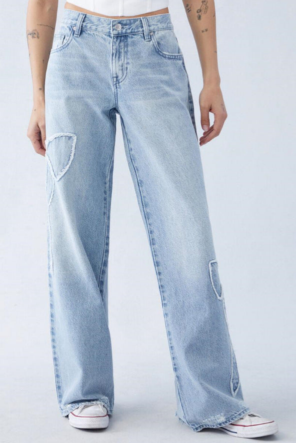 Embroidered High Waist Straight Leg Jeans - Lencensa 